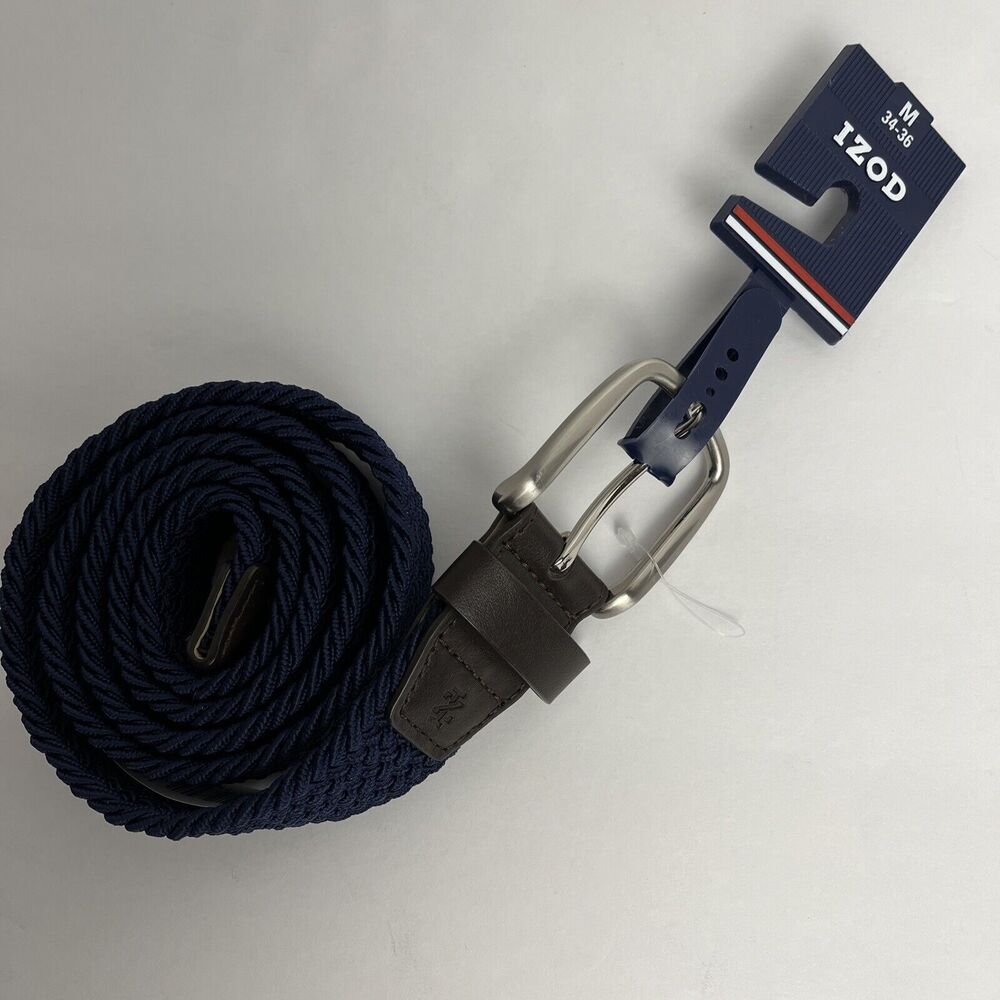 Izod Belt Navy Mens Size Medium 34-36 Braided Fabric Elastic Woven Stretch Golf - Picture 2 of 7